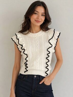 🌷2 for $15 Cream Cable Knit Ruffle Sleeve Sweater - Unbranded